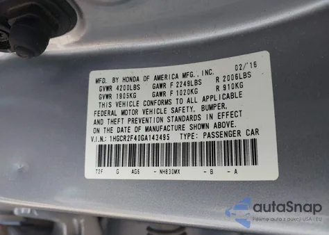 2016 Honda Accord Lx z USA, uszkodzony, nr VIN 1HGCR2F40GA143495